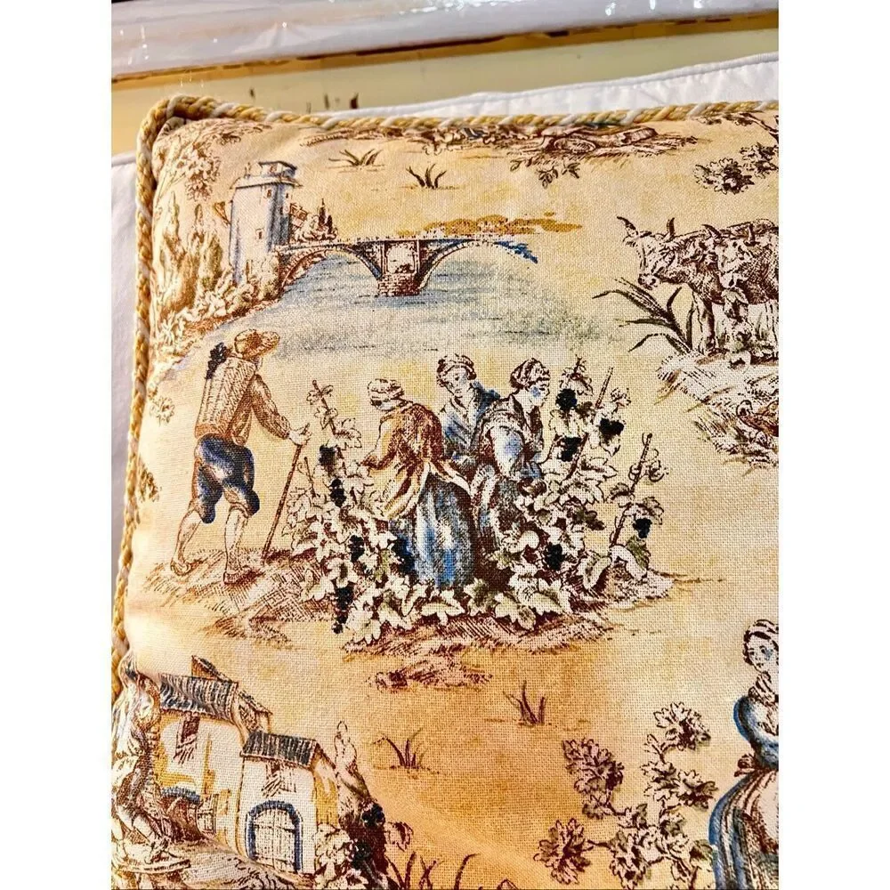 French Country Cottage Pillow Farmhouse Yellow Ivory Blue Brown Toile